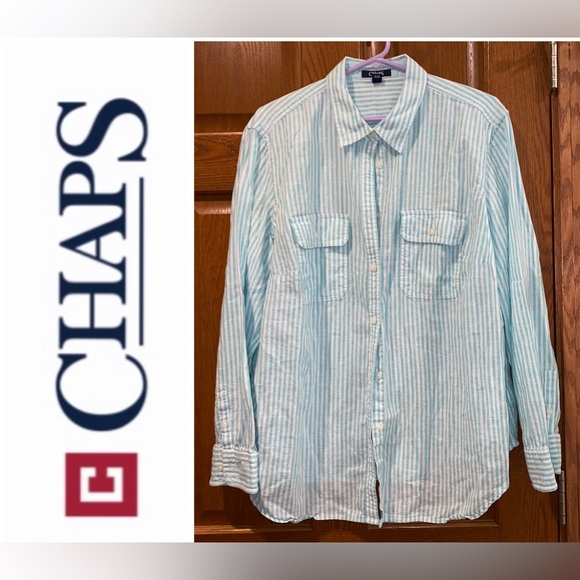 Chaps Denim 2X Stripes Linen Blend Button Up Top - Picture 1 of 3